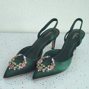Boden Green Satin Slingback Heels with Floral Embellishments